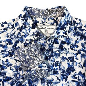 Robert Graham Mens Linen Blend Button Front Shirt L Blue White Floral Paisley